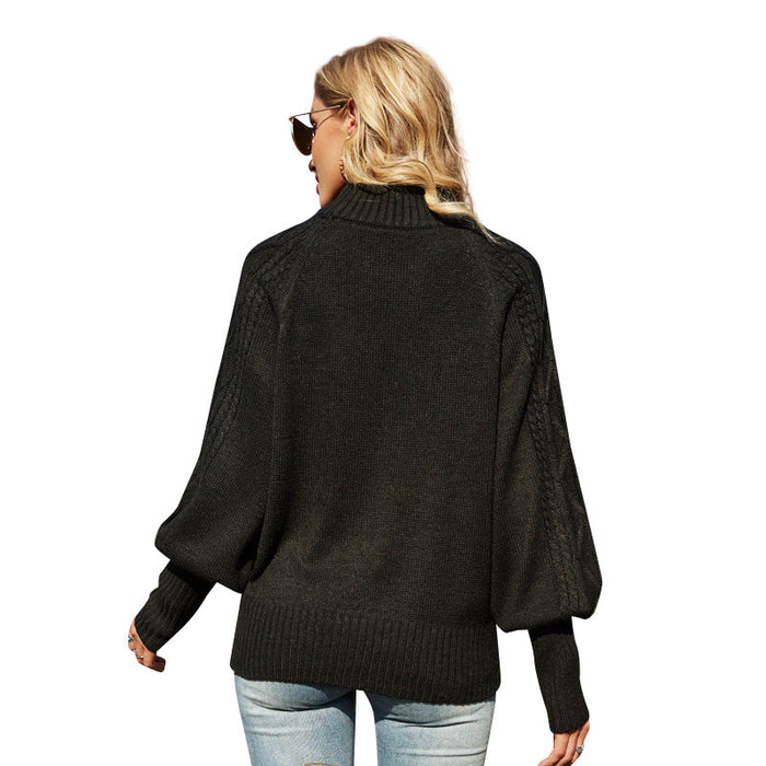 Women Clothing Solid Color Lantern Sleeve Mock Neck Sweater British Loose Pullover Sweater