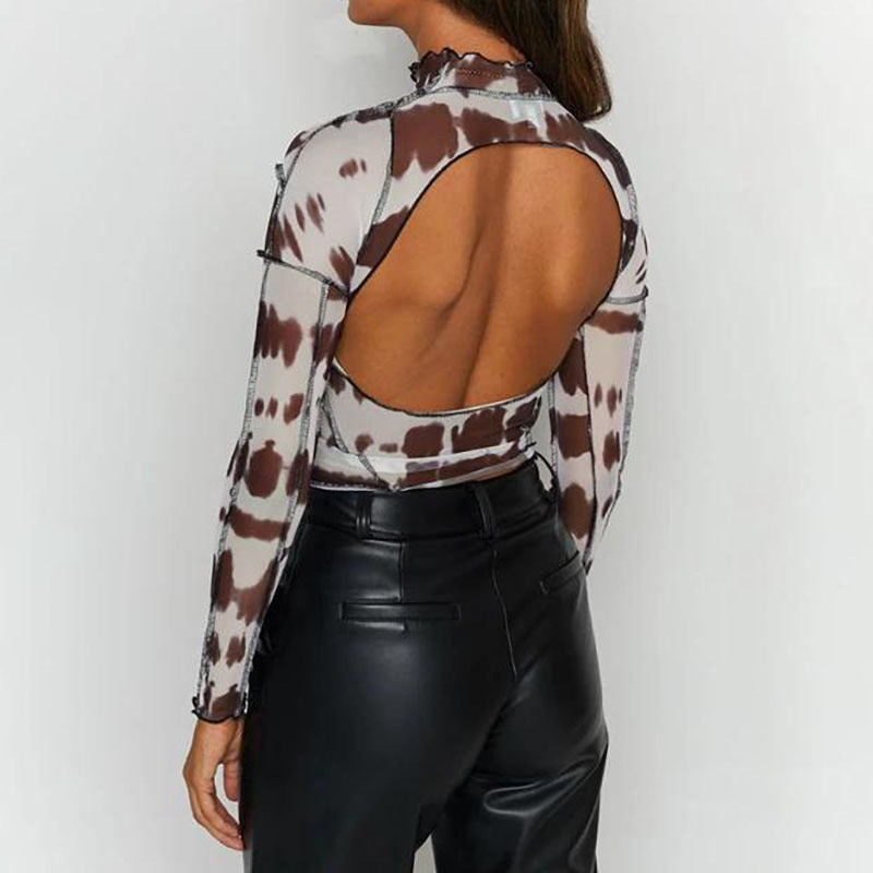 Fall Women Clothing round Neck Slim Fit Patchwork Printed Long Sleeve Sexy Backless Mesh Top