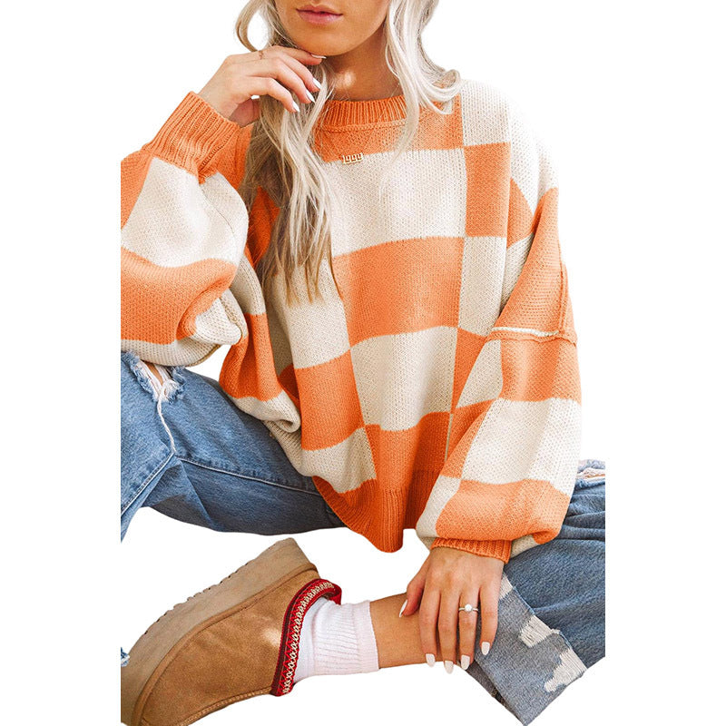 Casual Plaid Printed Long-Sleeved Top Women Autumn Warm Pullover Crew Neck Sweater