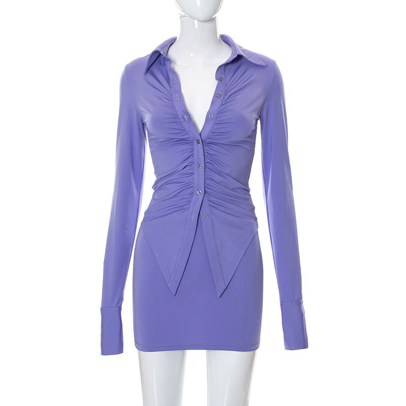 Autumn Solid Color Long Sleeve Polo Collar Top Sheath Skirt Set Women Clothing