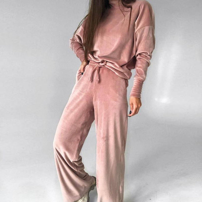 Autumn Winter Casual Set Solid Color Silver Fox Velvet Turtleneck Long Sleeve Top Drawstring Trousers