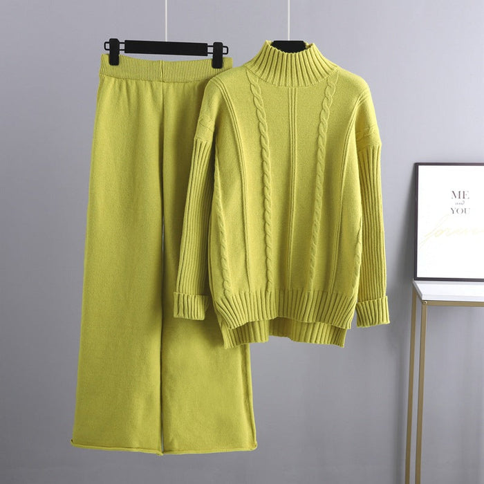 High End Mock Neck Sweater Wide Leg Pants Suit for Women Autumn Winter Younger Knitted Two Piece