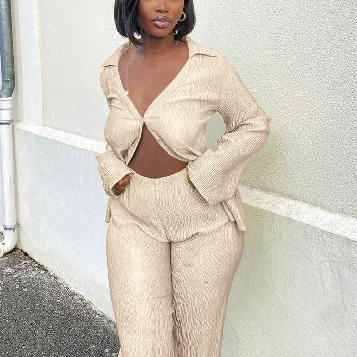 Pleated Long Sleeve Set Women Clothing Shirt Wide Leg Pants Casual Two Piece Set Autumn