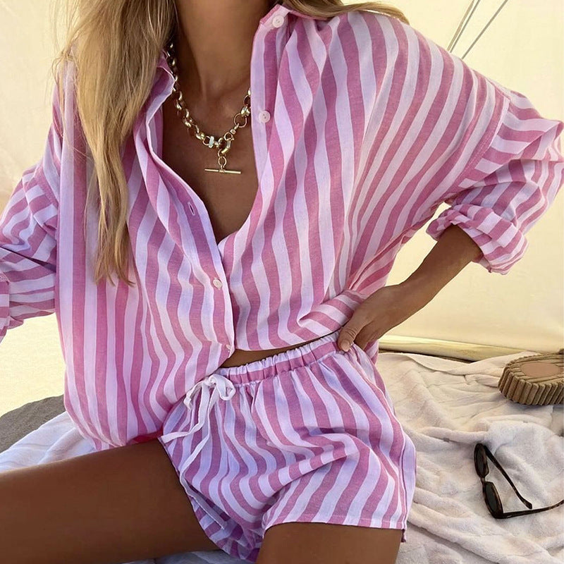 Summer Women Clothing Loose Cardigan Top Striped Casual Shorts Two-Piece Set
