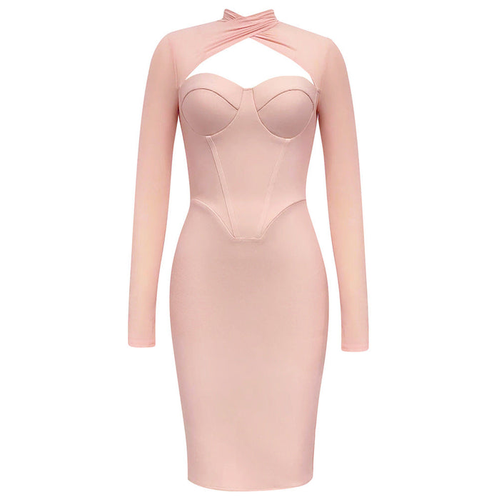 Sexy Mesh Long Sleeve Slim Fit Party Dress Women Dress