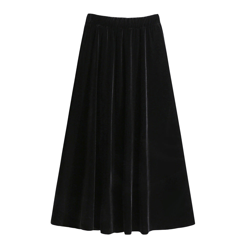 Vintage Velvet Elastic High Waist Skirt Autumn Winter Simple High Rise Thickened Slimming A line Skirt Long Skirt