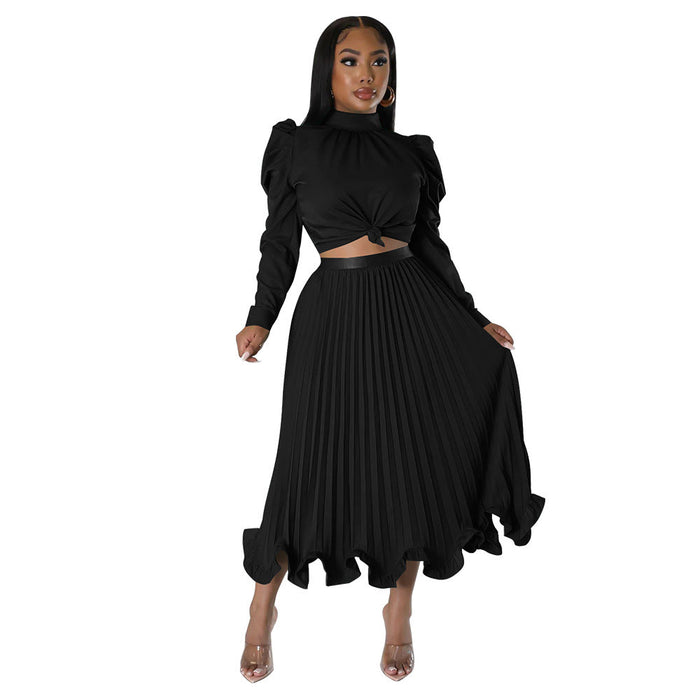 Autumn Women Clothing Puff Sleeve Top Ruffled Pleated Skirt Two Piece Set