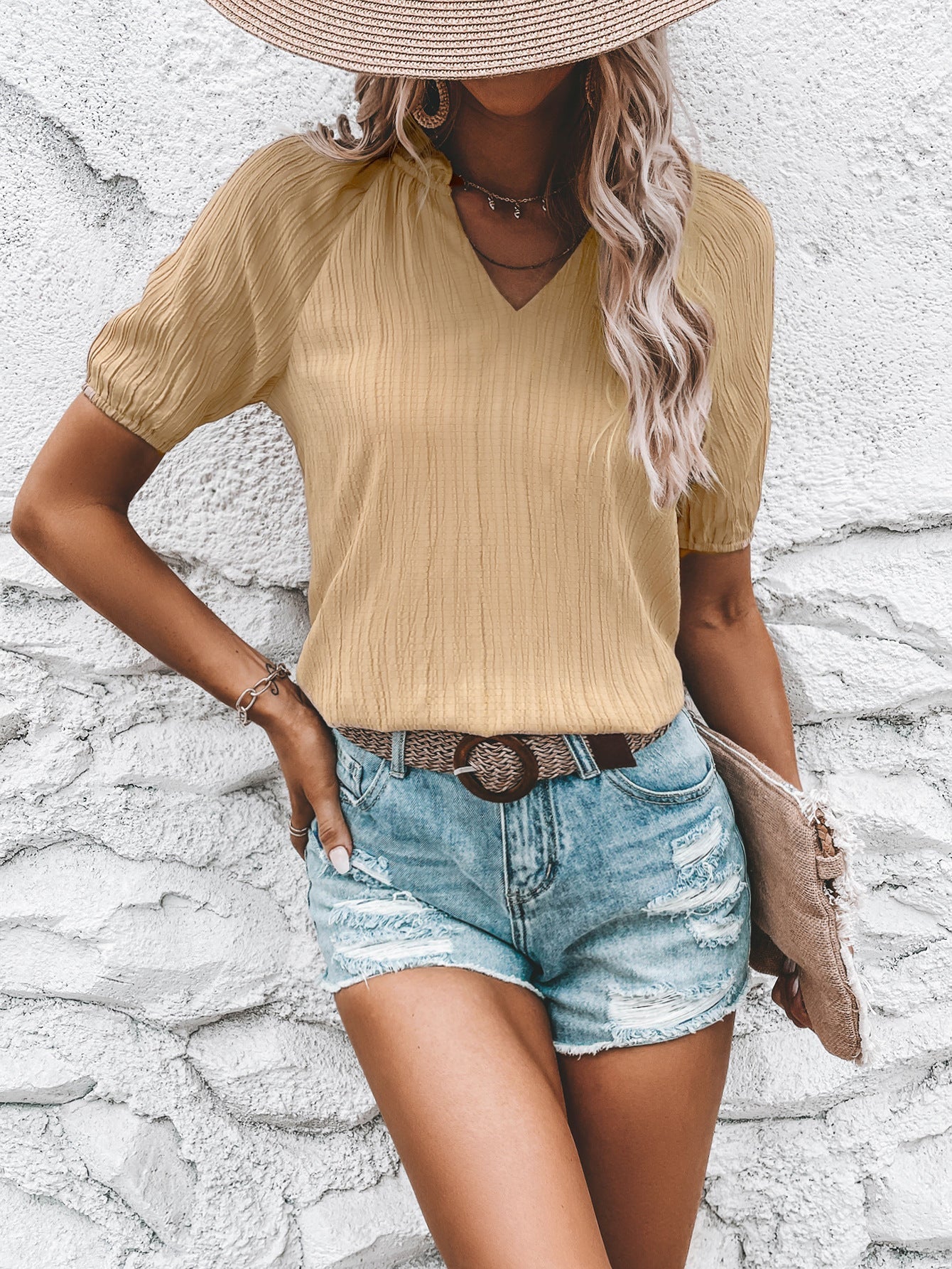 Women Clothing V neck Casual All Matching Graceful Solid Color Shirt