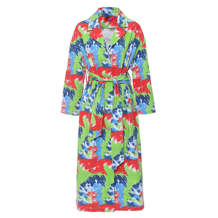 Retro Modern Cool Smart Graffiti Printing Mid Length Trench Coat Denim Coat for Women