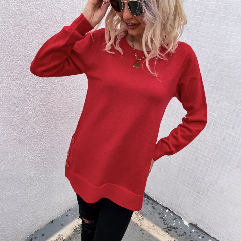 Women Clothing Autumn Winter Sweaters Women round Neck Button Solid Color Split Sweater