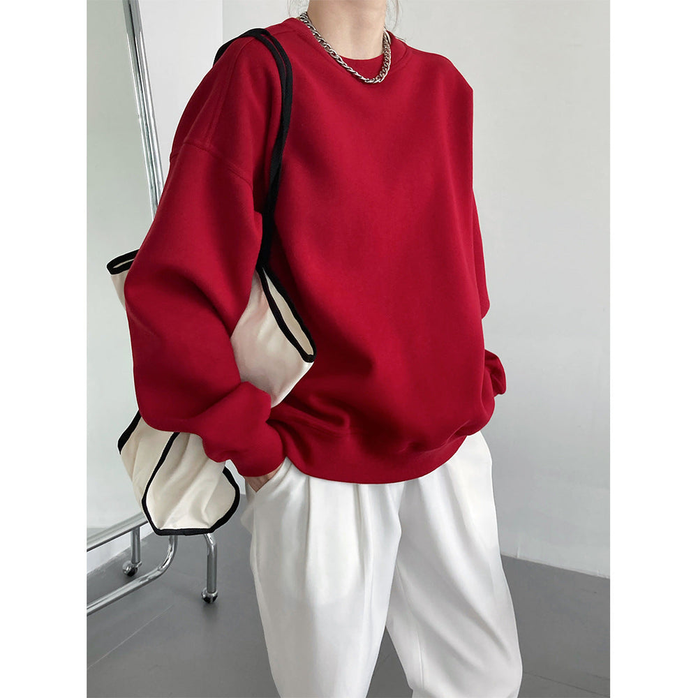 Autumn Wine Red Loose Female Korean Loose Bf Long Sleeve Pullover Top Sweatshirt