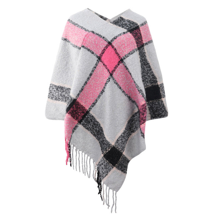 Autumn Winter Cashmere Contrast Color Striped Cloak Knitted Tassel Scarf Shawl Women