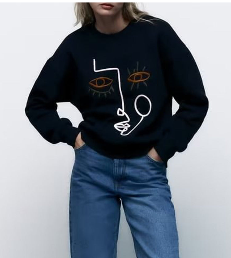 Winter Women Clothing Black Striped Embroidery Pattern round Neck Long Sleeve Loose Casual Sweater