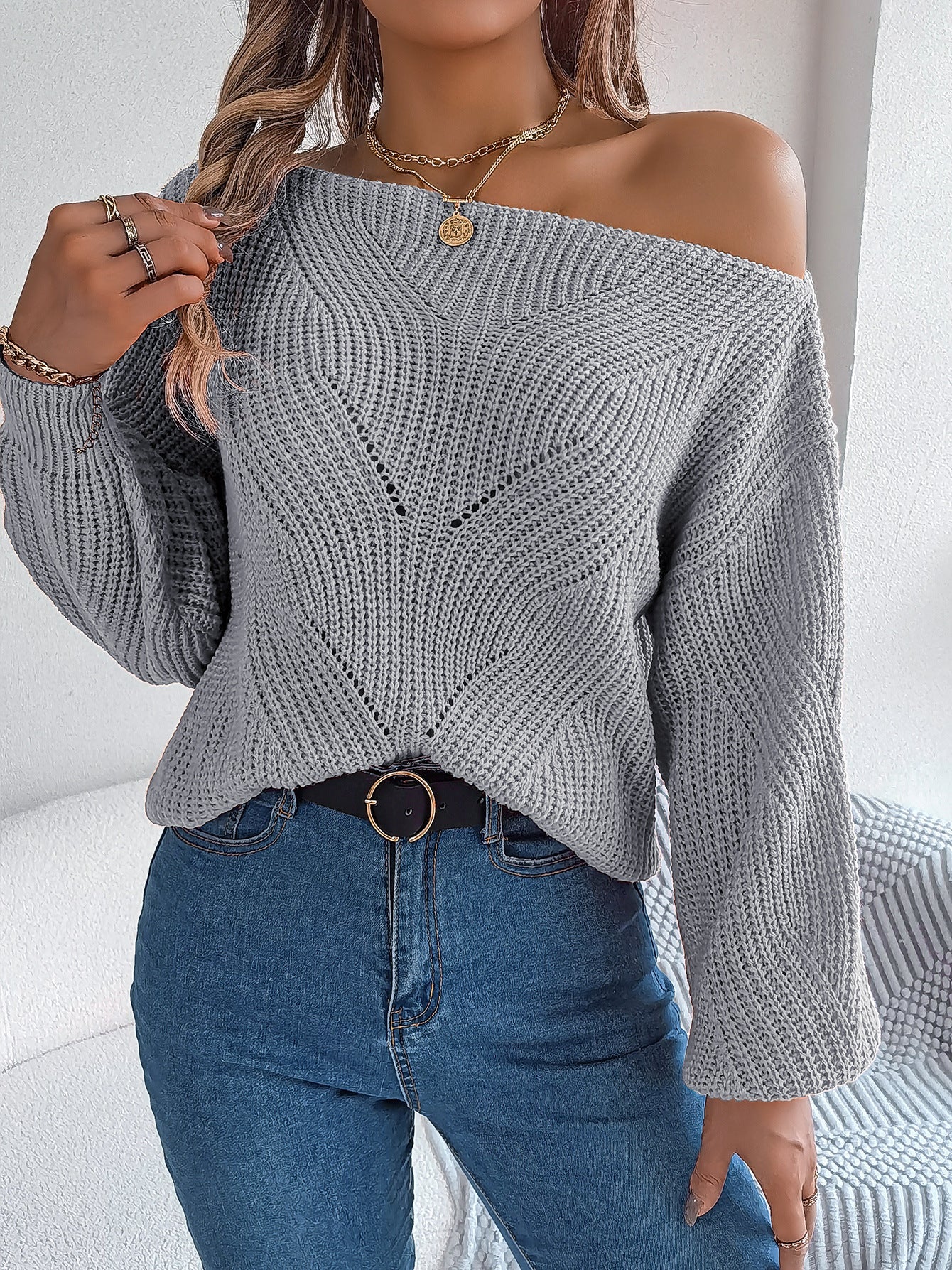 Autumn Winter Casual Hollow Out Cutout out off Neck off the Shoulder Lantern Sleeve Sweater Women Clothing