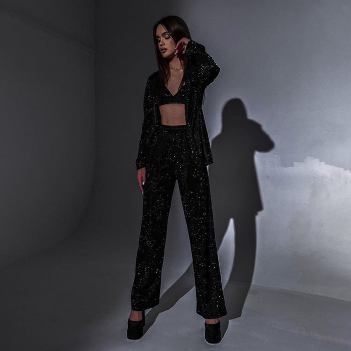 Women  Clothing Glitter Three Piece Set Sexy Party Long Sleeve Suit Top High Waist Trousers Suit