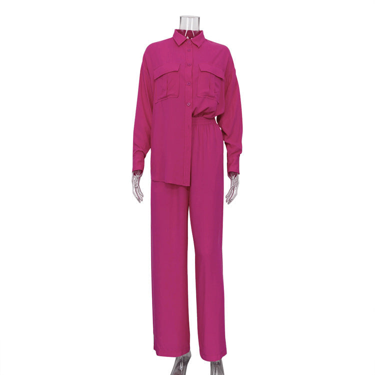 Early Spring Long Sleeve Shirt Straight High-Waisted Trousers Casual Loose Two-Piece Suit Women