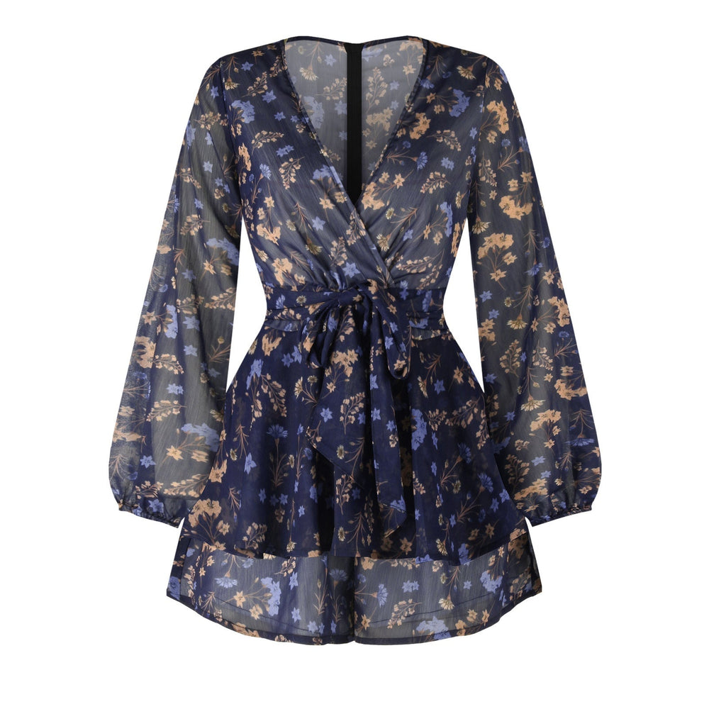Floral Digital Printing Deep V Plunge Plunge neck Sexy Women Ruffled Long Sleeve Tied Romper