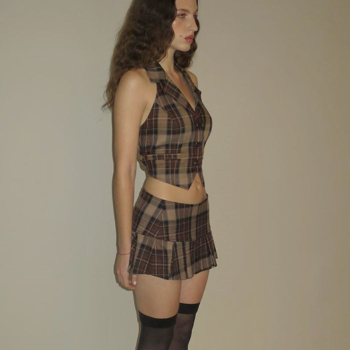 Sexy Two Piece Suit Summer Sexy Retro Plaid Vest Graceful Pleated Skirt Set