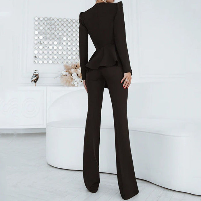 Women Wear Set Solid Color Blazer Top Straight Two Piece Pants