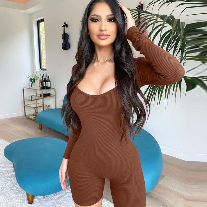 Women  Clothing Winter Solid Color Rib U Neck Long Sleeved Slim Fit Hip Raise Sports Jumpsuit Women