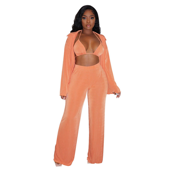 Women Clothing Long-Sleeved Bikini Wide-Leg Pants Solid Color Casual Set