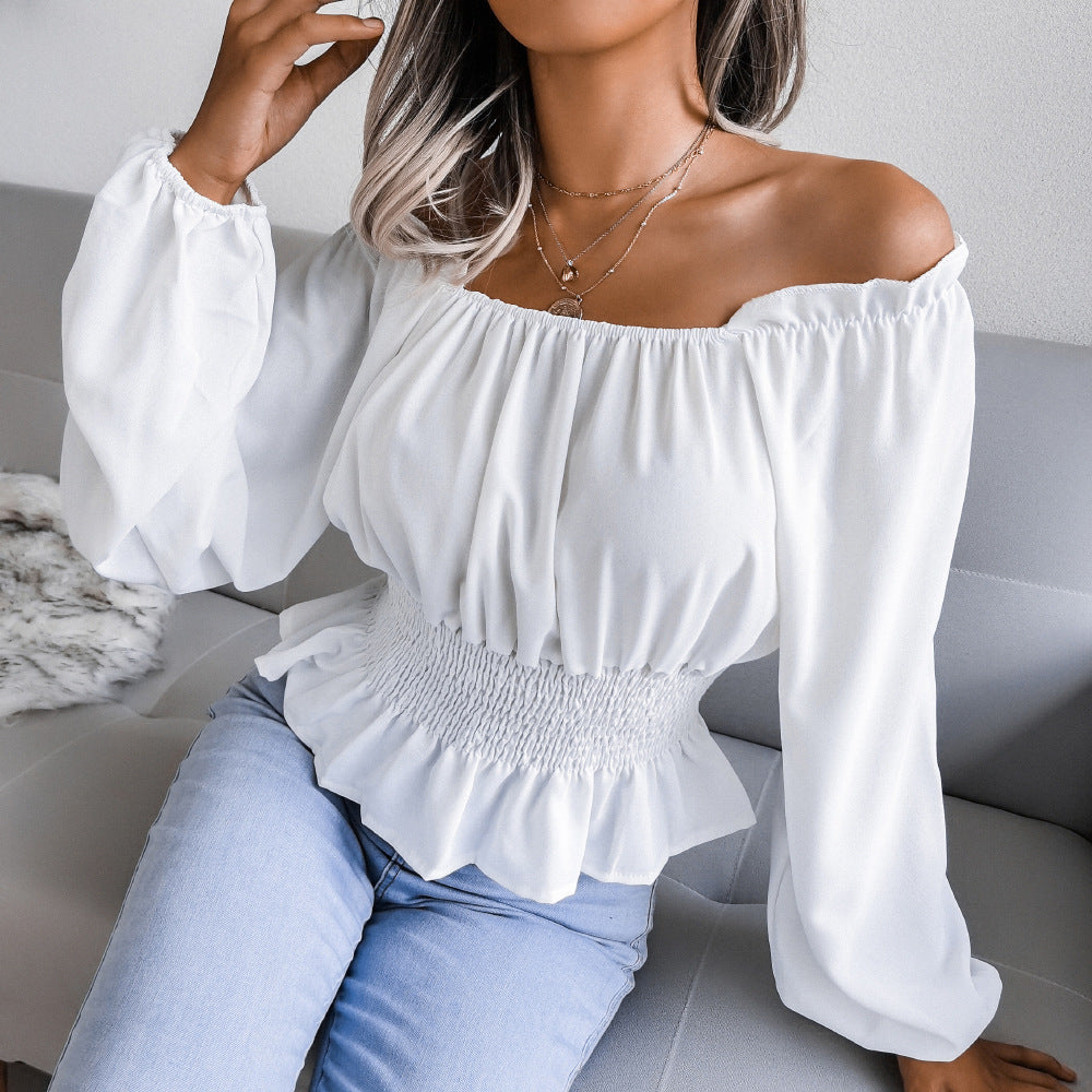 Real Shot Autumn Winter Sexy Off Shoulder Off Shoulder Hem Ruffled Chiffon Shirt Top Women Clothing