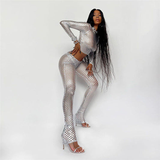 Metallic Coated Fabric Fall Women Clothing Nightclub Performance Long Sleeve round Neck Net Hole Sexy Tight Trousers Two-Piece Set