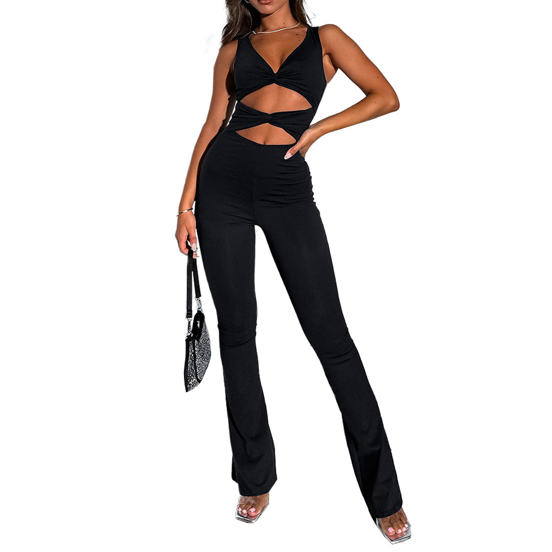 Women Clothing Solid Color Slimming Hollow Out Cutout Twist One Piece Bell Bottom Pants Jumpsuits