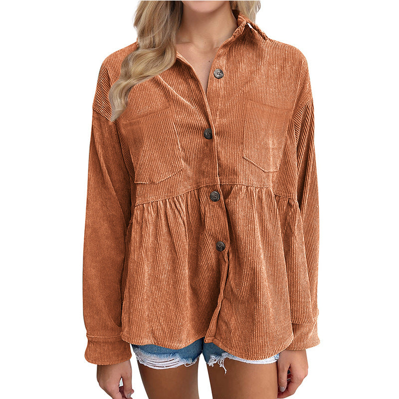 Women Autumn Winter Casual Loose Pleated Corduroy Shirt for Women