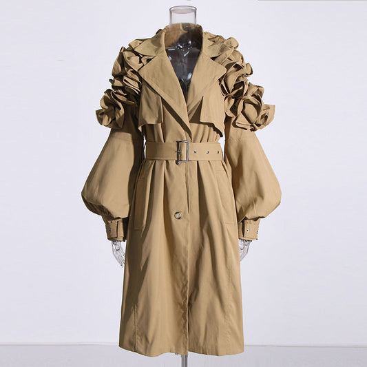 Office Mid Length Trench Coat Collared Long Sleeve Ruffled Slim Fit Patchwork Thin over the Knee Coat Women