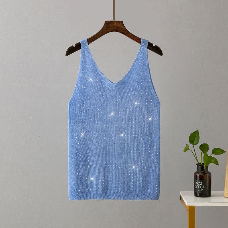 【MOQ-5 packs】 Summer Knitted Camisole Bright Line Diamond V Neck Solid Color Slim Fit Sexy Vest