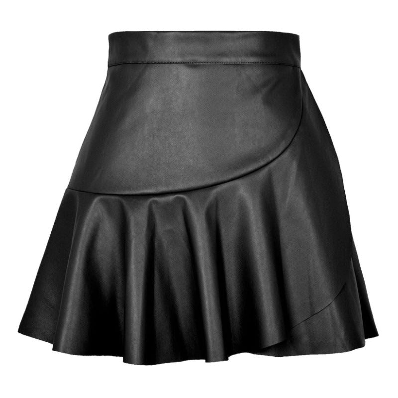 Leather Mini Skirt High Waist Ruched A line Skirt for Women Spring Autumn Women Clothing