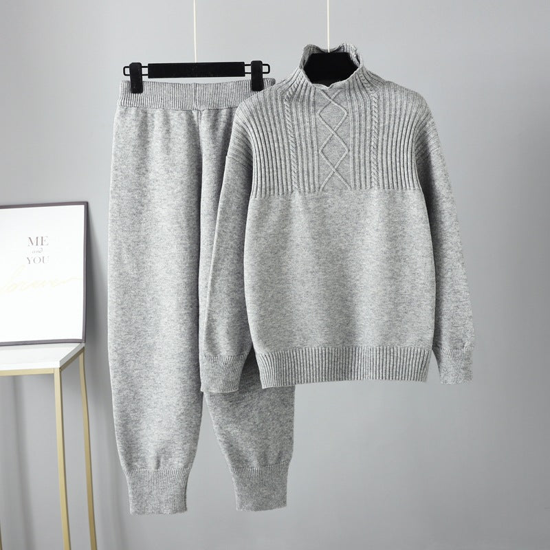 Half Turtleneck Casual Loose Sweater for Women Autumn Winter Gentle Soft Glutinous Knitted Trousers Suit for Women