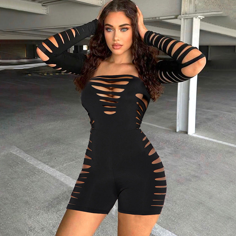 Women Clothing Autumn Winter Solid Color Sexy Tube Top Long Sleeve Ripped Burnt Floral Slim Romper