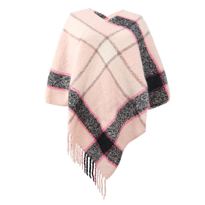 Autumn Winter Cashmere Contrast Color Striped Cloak Knitted Tassel Scarf Shawl Women