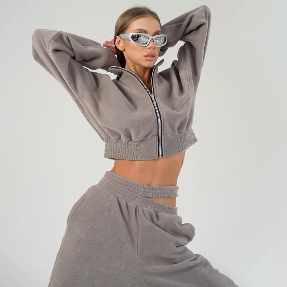 Women Clothing Sexy Double Pants Sweater Suit Two Piece Collared Zipper Coat Personalized Ankle Tied Trousers