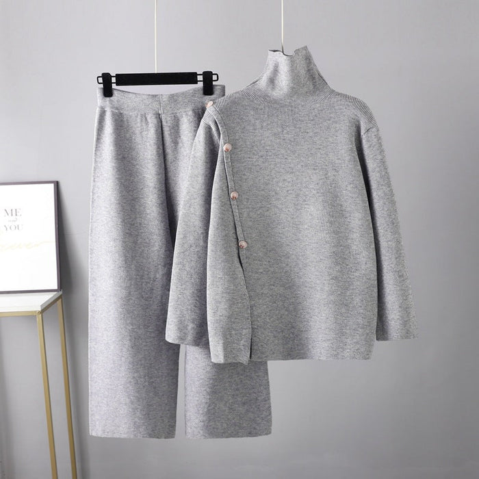 Niche Stand Collar Slit Knitted Turtleneck Sweater Women Winter Warm Anti-Aging Casual Wide Leg Pants Two Piece Set