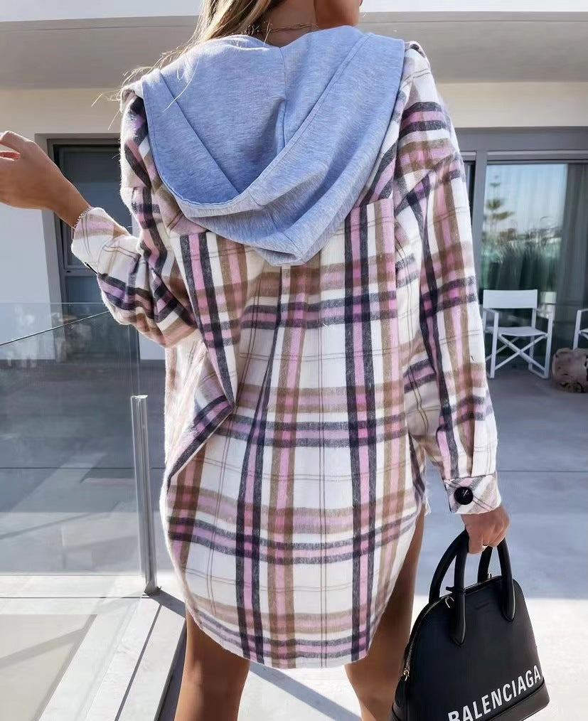 Women Clothing Winter Hooded Detachable Woolen Plaid Coat