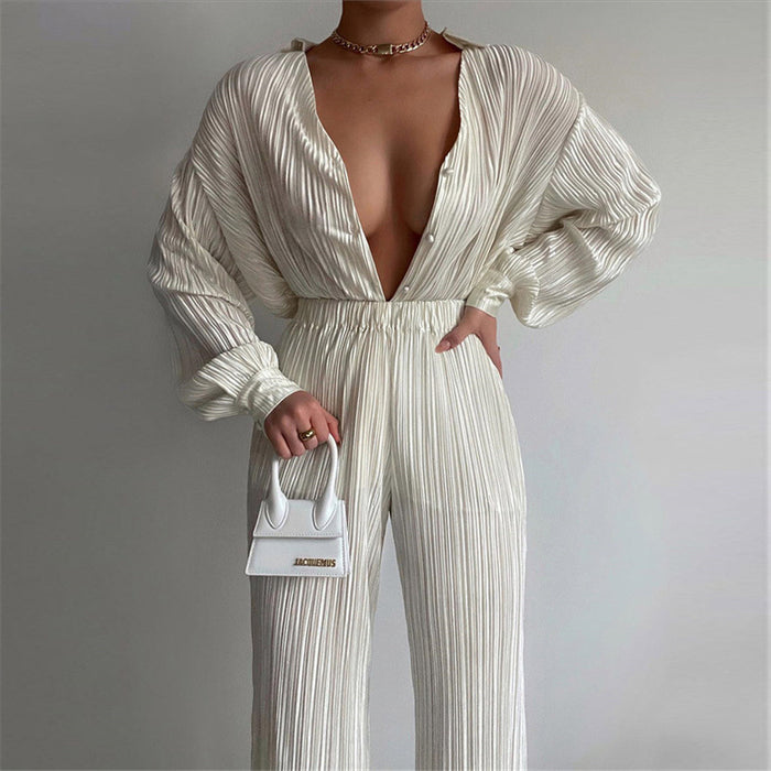 Summer Sexy Suit Women Clothing Pleated Long Sleeve V neck Shirt Casual Pants Two Piece Set