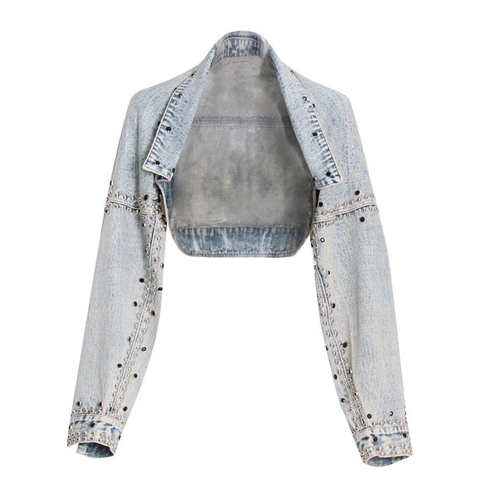 Shawl Denim Coat Jacket Loose Long Sleeve Heavy Industry Rivet Thin Denim Top Fall Women Clothing