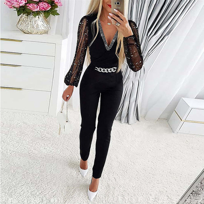 Autumn Women Clothing Solid Color V neck Long Sleeve Rhinestone High Waist Professional Casual Jumpsuit