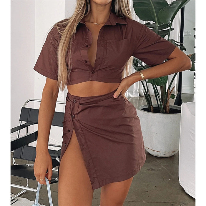 Spring Summer Two Piece Set Sexy Collared High Waist Short Sleeve Shirt Outfit