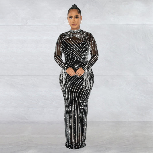 Women Wear Mesh See Through Drilling Long Sleeve Lining Two Piece Set