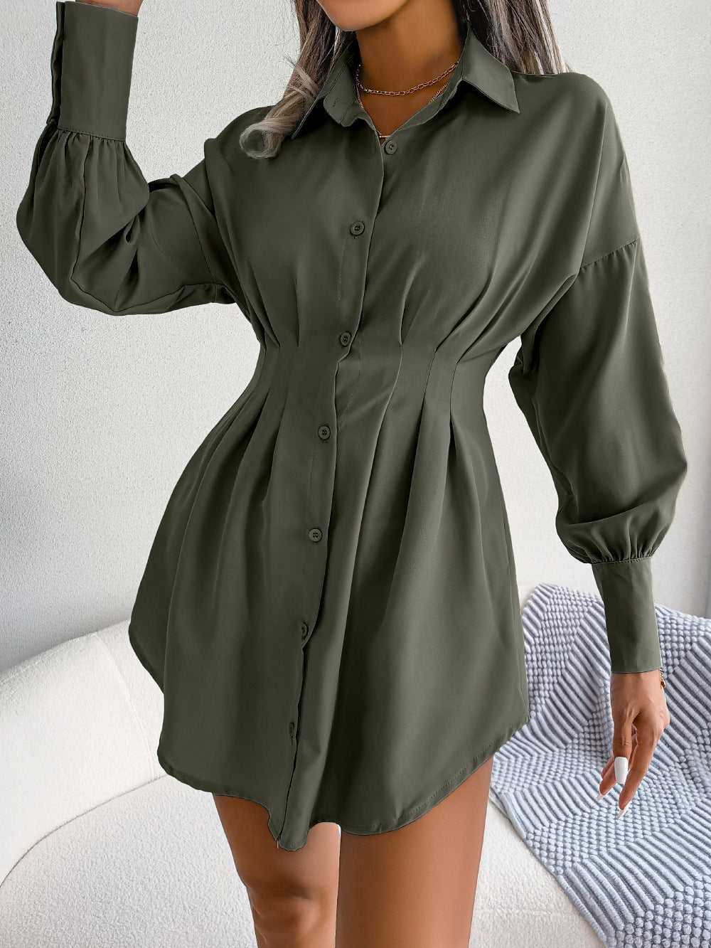 Autumn Winter Casual Lantern Sleeve Waist-Tight Asymmetric Dress Shirt Dress Women Clothing