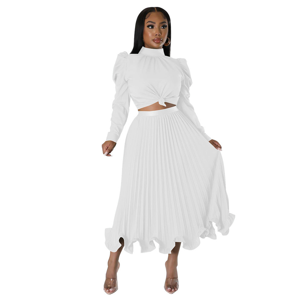 Autumn Women Clothing Puff Sleeve Top Ruffled Pleated Skirt Two Piece Set
