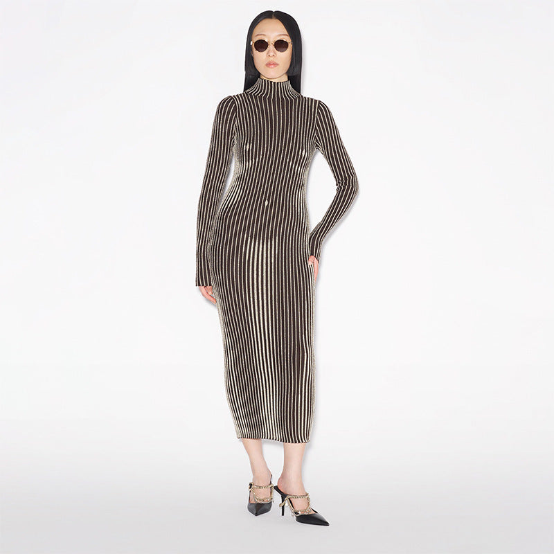 Autumn round Neck Long Sleeve Striped Printed Slim Fit High Waist Maxi Dress