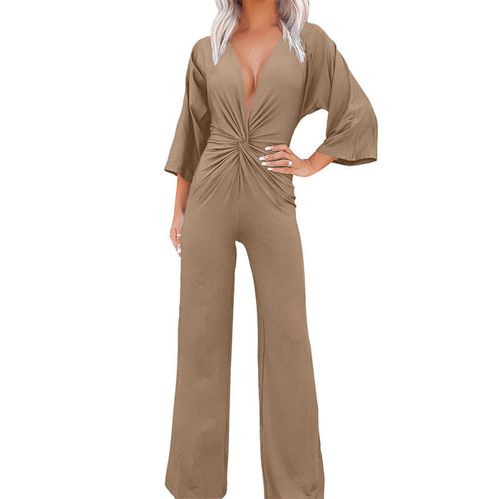 Sexy Deep V Plunge neck Pleated Wide Leg Pants Women Summer Solid Color Straight Jumpsuit Women Direct