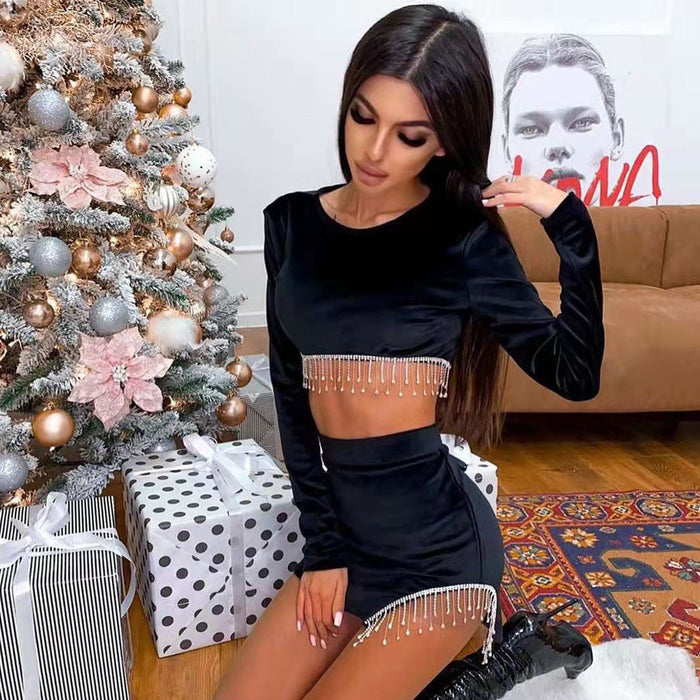 Women  Clothing Tassel Backless Crop Top Short Top Slit Slim-Fitting Hip Skirt Sexy Velvet Skirt Set