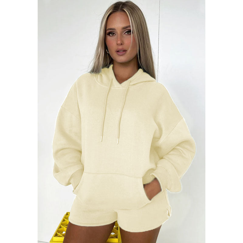 Autumn Winter Solid Color Thickened Fleece Lined Hooded Long Sleeve Sweater Women Casual Shorts Suit