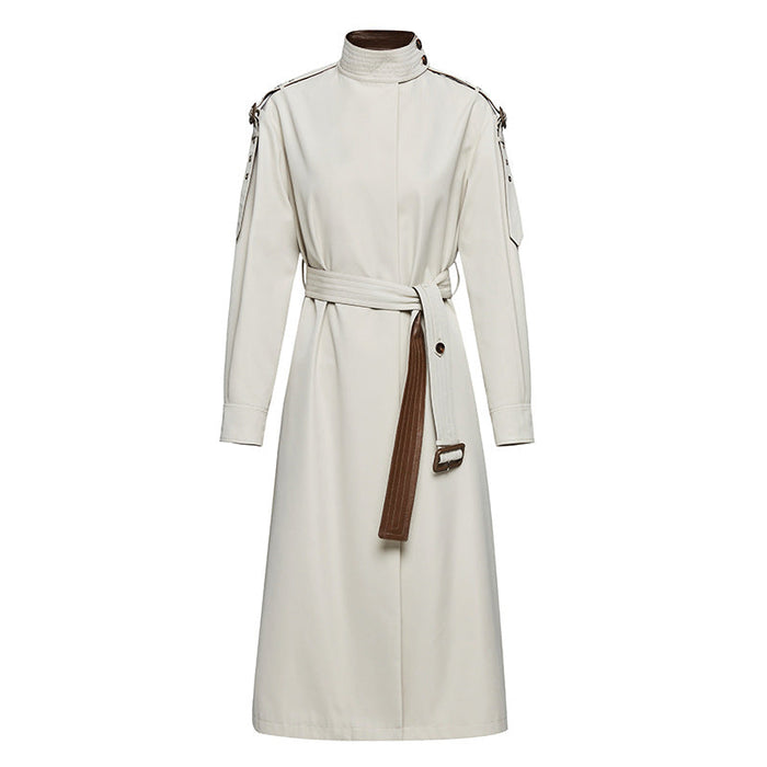 Element Autumn Gracekelly Leather Patchwork Two Color Simple Graceful Elegant Lengthened Trench Coat